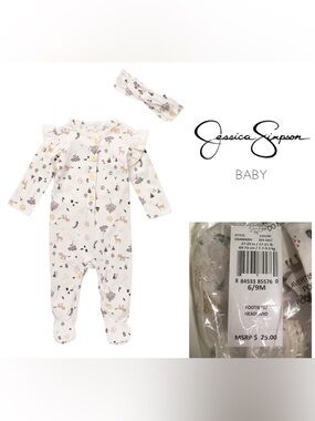 🆕JESSICA SIMPSON BABY - 6/9M - NWT - 2PC WOODLAND SLEEPER AND HEADBAND